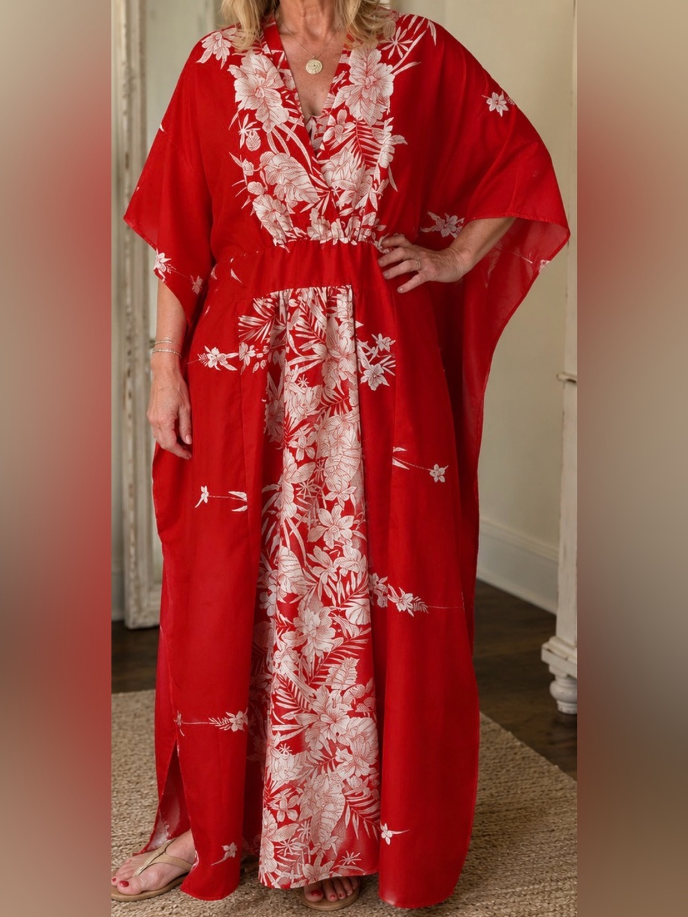 Vintage Hawaiian Dress/caftan/Mumu red white flowers
